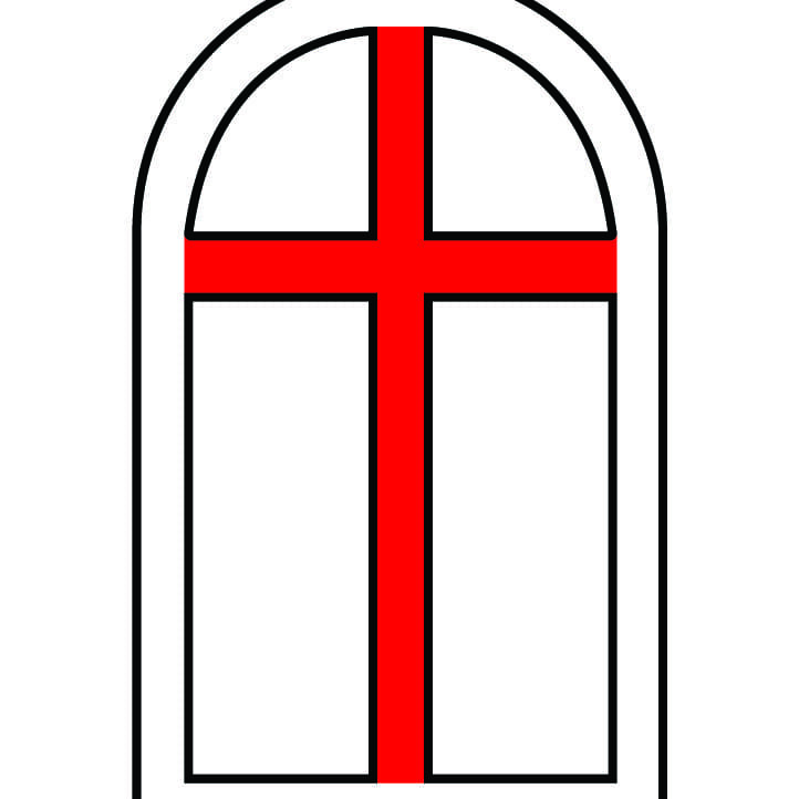 A red cross on the window of a church.